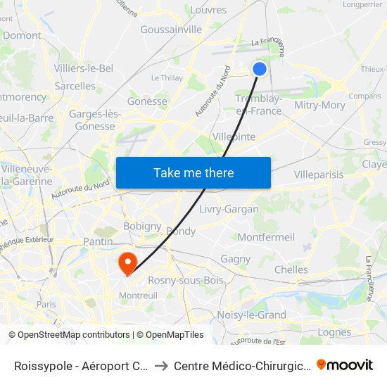 Roissypole - Aéroport Cdg1 (G1) to Centre Médico-Chirurgical Floréal map