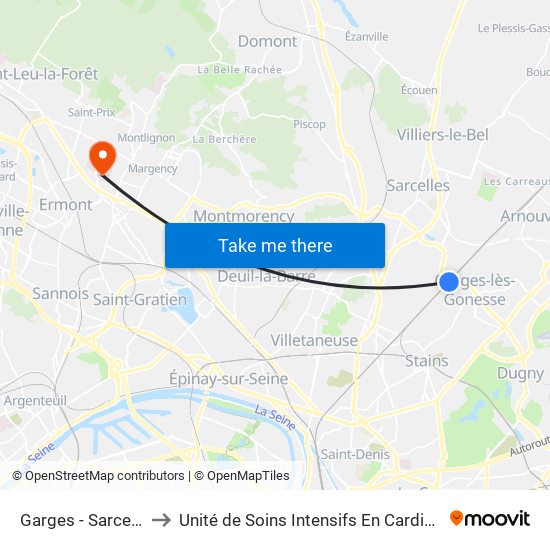 Garges - Sarcelles to Unité de Soins Intensifs En Cardiologie map