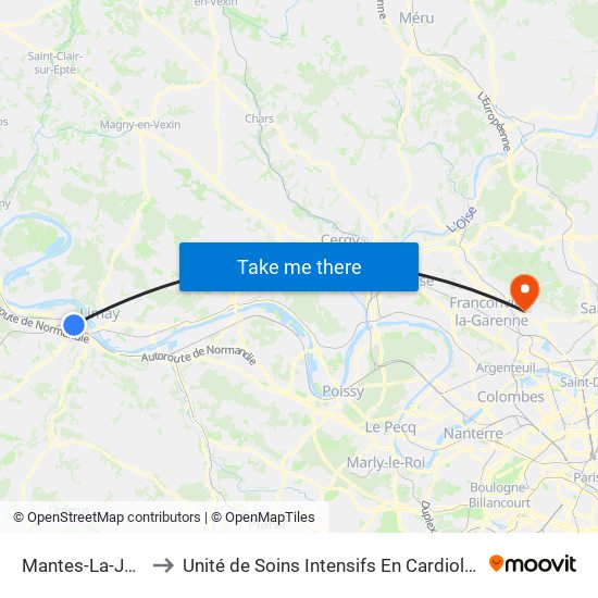Mantes-La-Jolie to Unité de Soins Intensifs En Cardiologie map