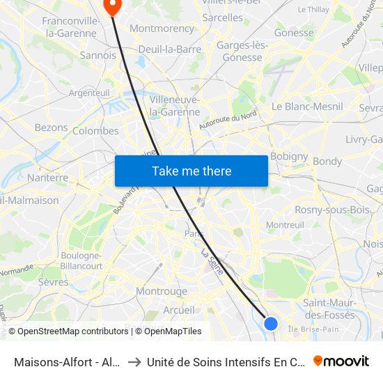 Maisons-Alfort - Alfortville to Unité de Soins Intensifs En Cardiologie map