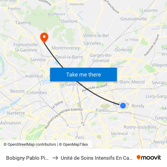 Bobigny Pablo Picasso to Unité de Soins Intensifs En Cardiologie map