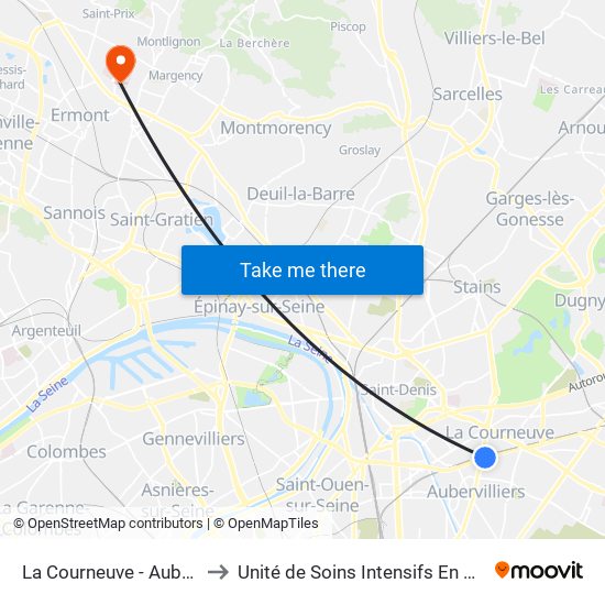 La Courneuve - Aubervilliers to Unité de Soins Intensifs En Cardiologie map