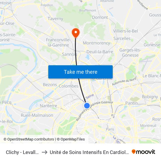 Clichy - Levallois to Unité de Soins Intensifs En Cardiologie map