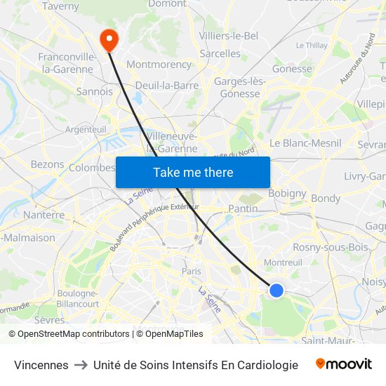 Vincennes to Unité de Soins Intensifs En Cardiologie map