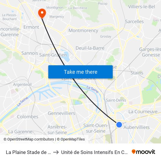 La Plaine Stade de France to Unité de Soins Intensifs En Cardiologie map