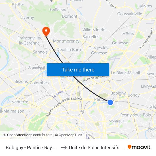 Bobigny - Pantin - Raymond Queneau to Unité de Soins Intensifs En Cardiologie map