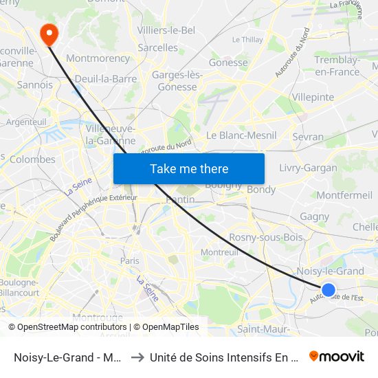 Noisy-Le-Grand - Mont D'Est to Unité de Soins Intensifs En Cardiologie map