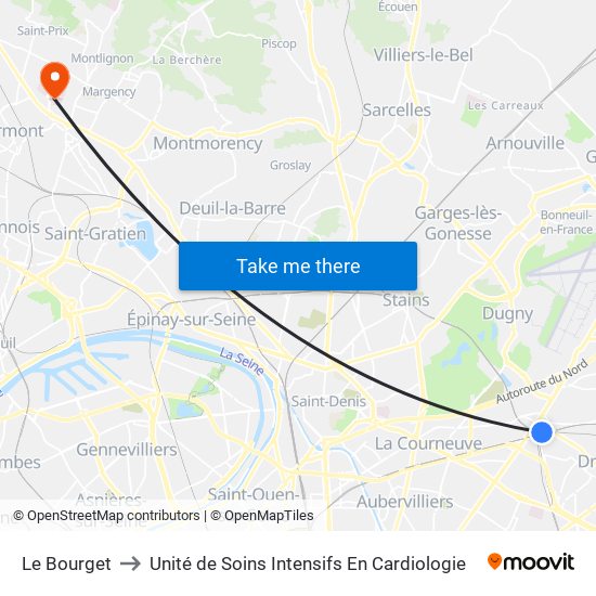 Le Bourget to Unité de Soins Intensifs En Cardiologie map