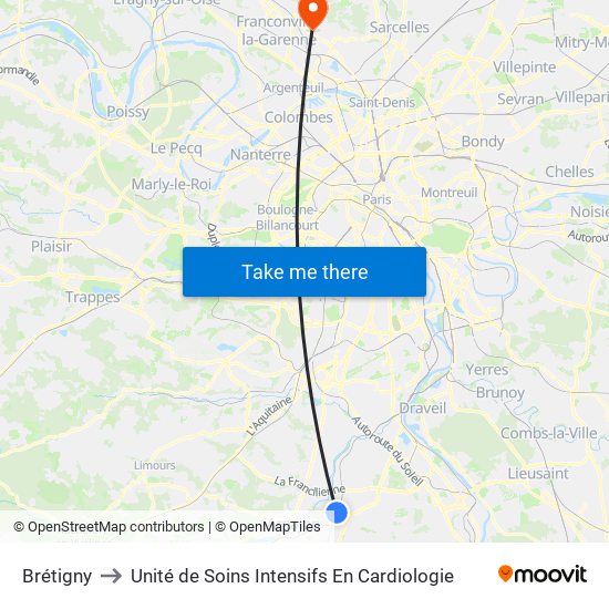 Brétigny to Unité de Soins Intensifs En Cardiologie map