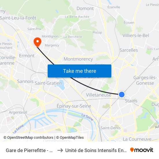 Gare de Pierrefitte - Stains RER to Unité de Soins Intensifs En Cardiologie map