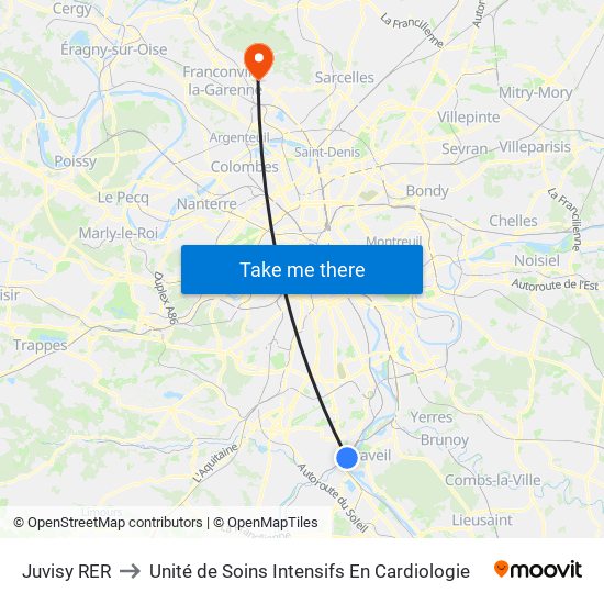 Juvisy RER to Unité de Soins Intensifs En Cardiologie map