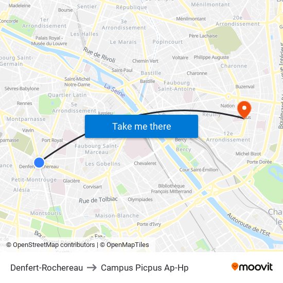 Denfert-Rochereau to Campus Picpus Ap-Hp map