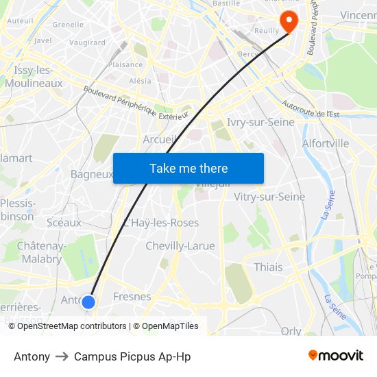 Antony to Campus Picpus Ap-Hp map