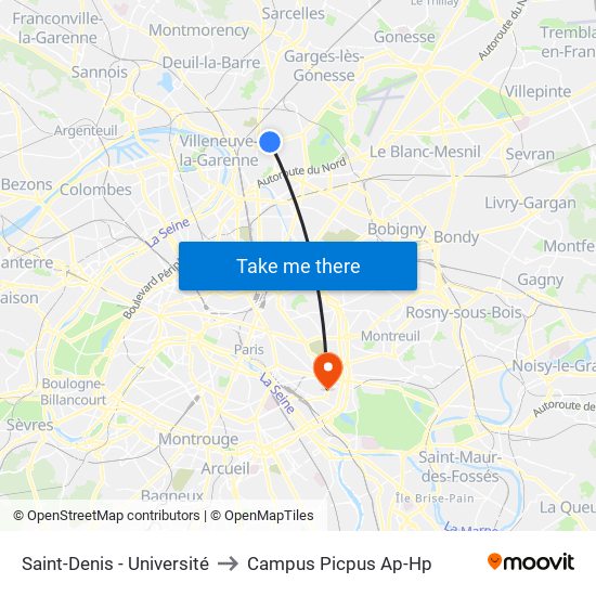 Saint-Denis - Université to Campus Picpus Ap-Hp map