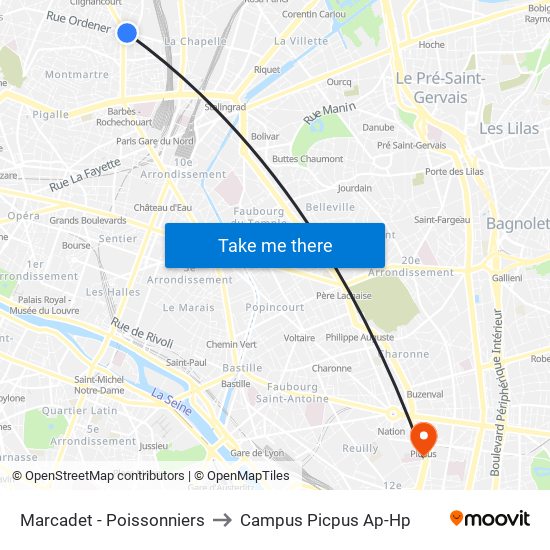 Marcadet - Poissonniers to Campus Picpus Ap-Hp map
