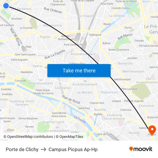Porte de Clichy to Campus Picpus Ap-Hp map