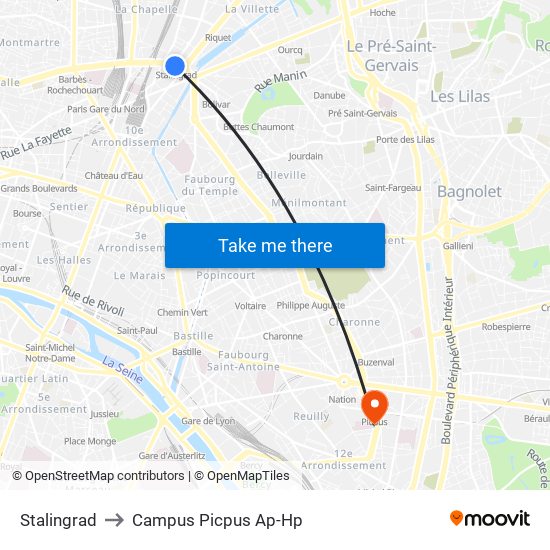 Stalingrad to Campus Picpus Ap-Hp map