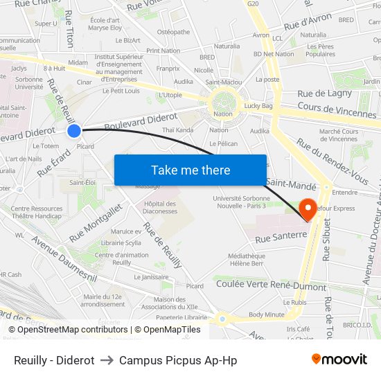 Reuilly - Diderot to Campus Picpus Ap-Hp map