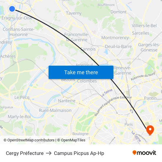 Cergy Préfecture to Campus Picpus Ap-Hp map