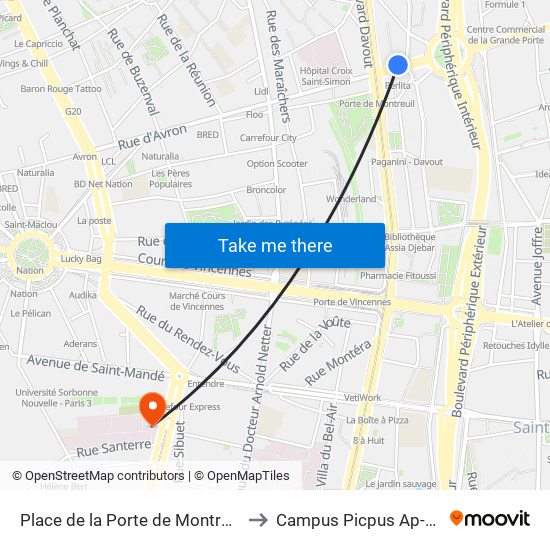 Place de la Porte de Montreuil to Campus Picpus Ap-Hp map