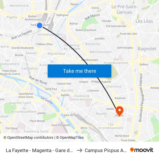 La Fayette - Magenta - Gare du Nord to Campus Picpus Ap-Hp map