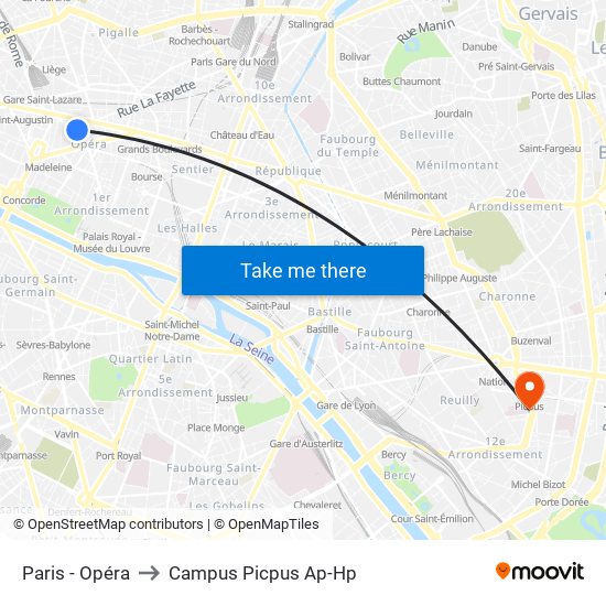 Paris - Opéra to Campus Picpus Ap-Hp map
