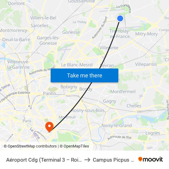 Aéroport Cdg (Terminal 3 – Roissypôle) to Campus Picpus Ap-Hp map