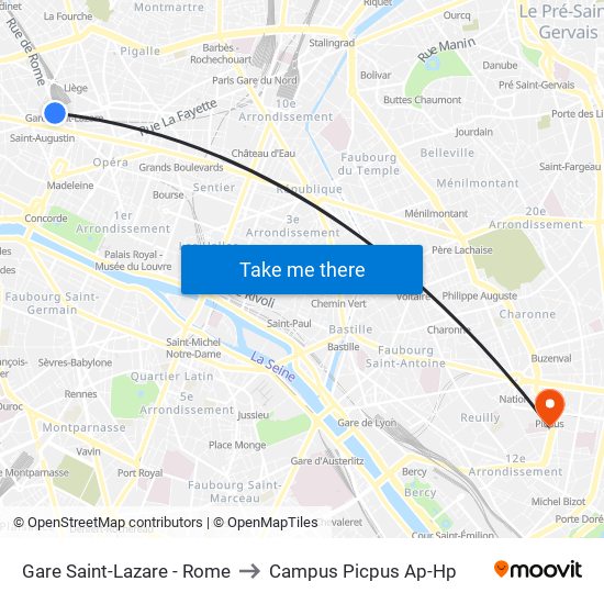 Gare Saint-Lazare - Rome to Campus Picpus Ap-Hp map