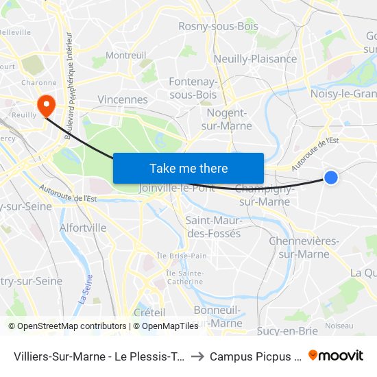 Villiers-Sur-Marne - Le Plessis-Trévise RER to Campus Picpus Ap-Hp map
