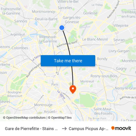 Gare de Pierrefitte - Stains RER to Campus Picpus Ap-Hp map