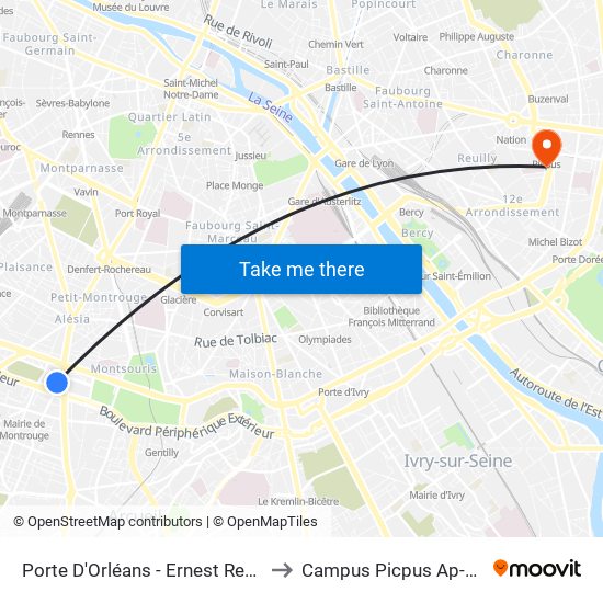 Porte D'Orléans - Ernest Reyer to Campus Picpus Ap-Hp map