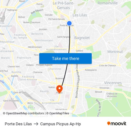 Porte Des Lilas to Campus Picpus Ap-Hp map