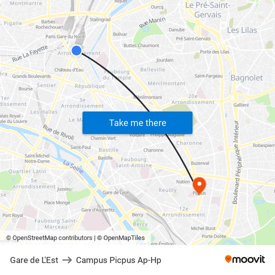 Gare de L'Est to Campus Picpus Ap-Hp map