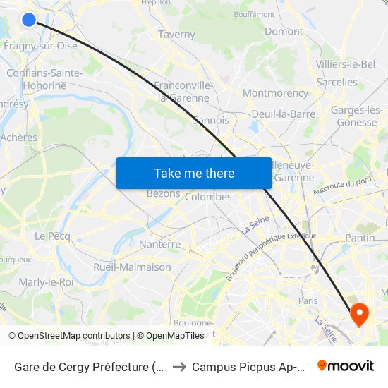 Gare de Cergy Préfecture (C) to Campus Picpus Ap-Hp map