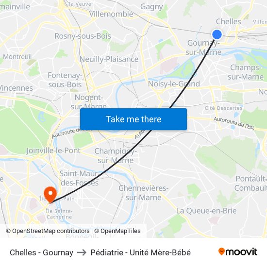 Chelles - Gournay to Pédiatrie - Unité Mère-Bébé map