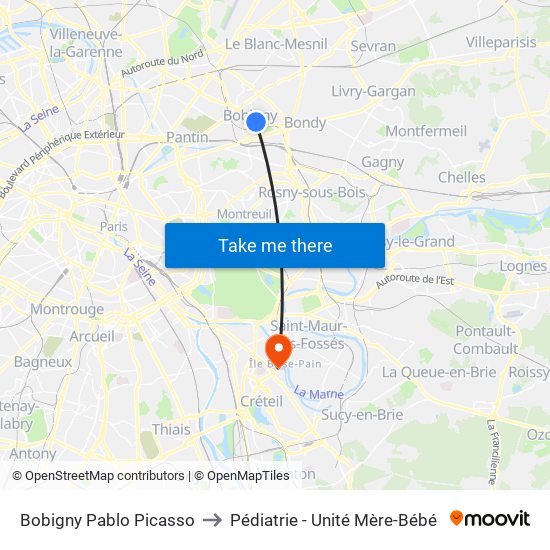 Bobigny Pablo Picasso to Pédiatrie - Unité Mère-Bébé map