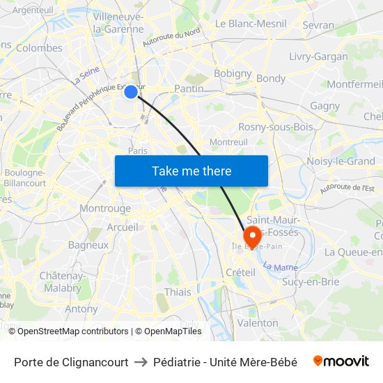 Porte de Clignancourt to Pédiatrie - Unité Mère-Bébé map