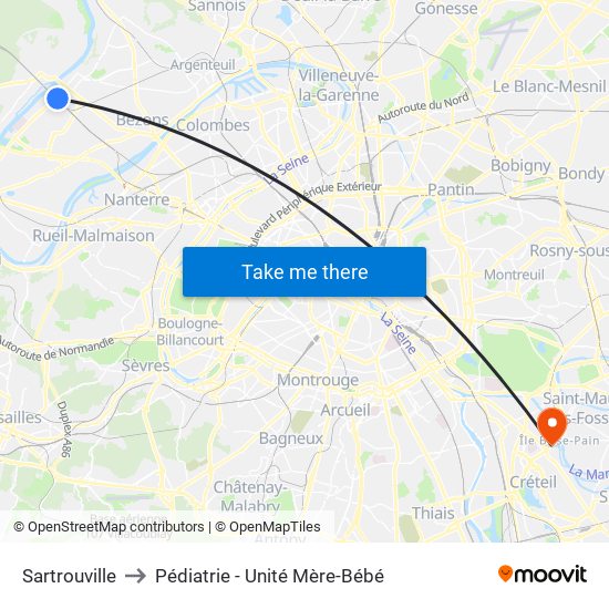 Sartrouville to Pédiatrie - Unité Mère-Bébé map