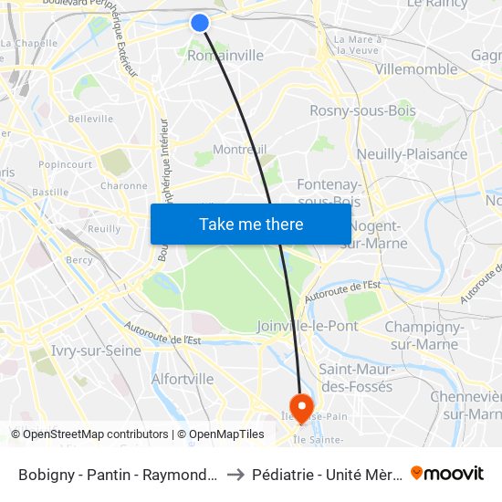 Bobigny - Pantin - Raymond Queneau to Pédiatrie - Unité Mère-Bébé map