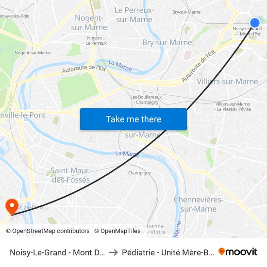 Noisy-Le-Grand - Mont D'Est to Pédiatrie - Unité Mère-Bébé map