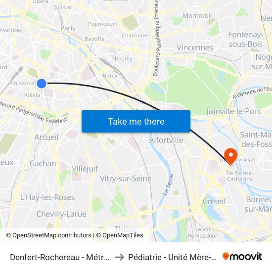 Denfert-Rochereau - Métro-Rer to Pédiatrie - Unité Mère-Bébé map