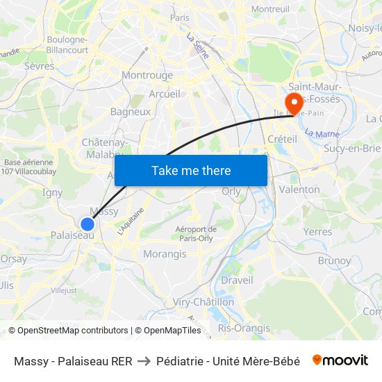 Massy - Palaiseau RER to Pédiatrie - Unité Mère-Bébé map