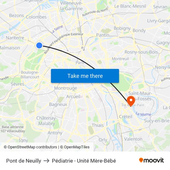 Pont de Neuilly to Pédiatrie - Unité Mère-Bébé map