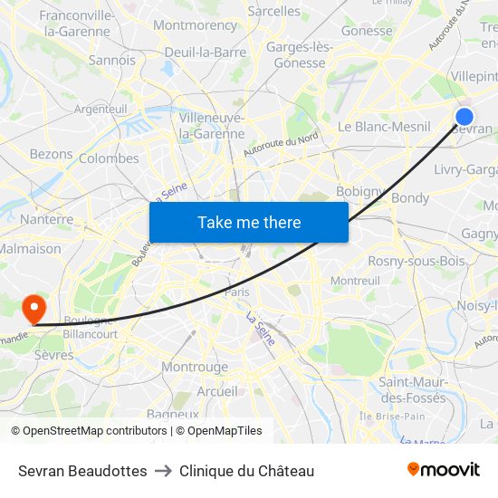 Sevran Beaudottes to Clinique du Château map
