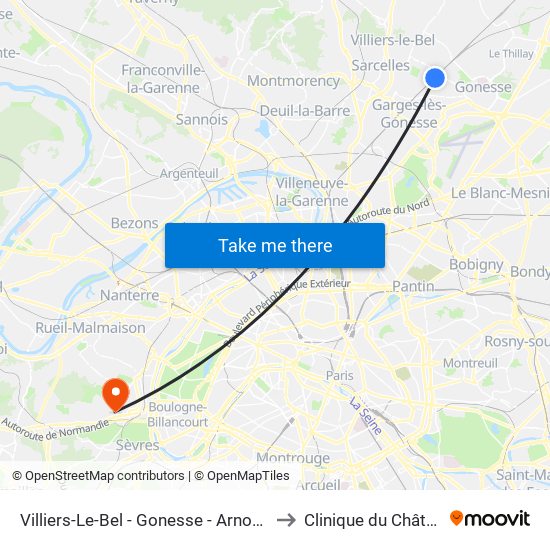 Villiers-Le-Bel - Gonesse - Arnouville to Clinique du Château map