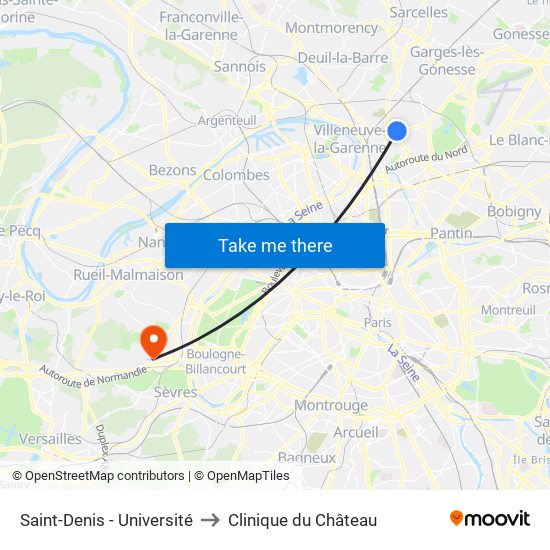 Saint-Denis - Université to Clinique du Château map
