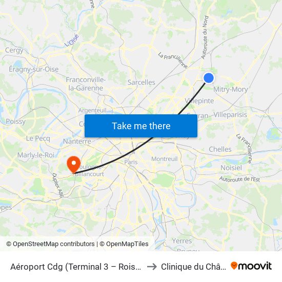 Aéroport Cdg (Terminal 3 – Roissypôle) to Clinique du Château map