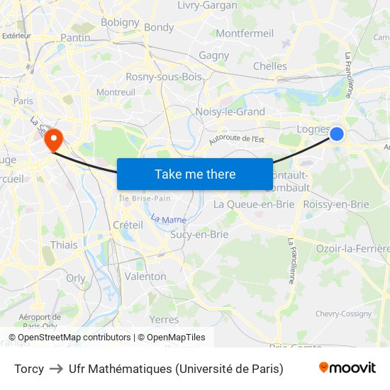 Torcy to Ufr Mathématiques (Université de Paris) map