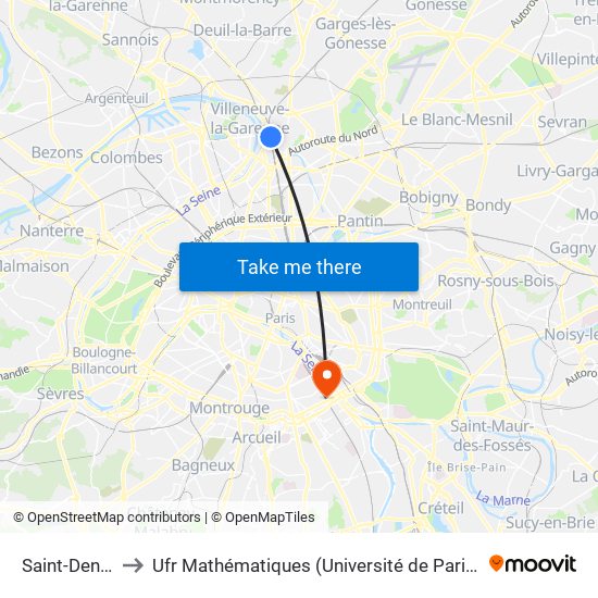 Saint-Denis to Ufr Mathématiques (Université de Paris) map