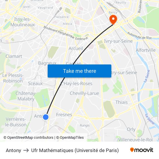 Antony to Ufr Mathématiques (Université de Paris) map